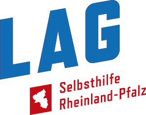 Das Logo der LAG Selbsthilfe Rheinland-Pfalz e.V.. Die Buchstaben LAG sind blau. Der Schriftzug 